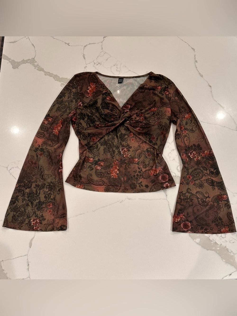 Shein Floral Paisley Y2K Sheer Mesh Top M Bell Sleeves Flare Forest Fairy Goblin